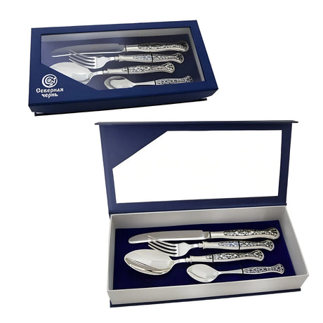 Silberbesteck-Set 925 Silber Niello Margarita — 4 Teile mit Messer, Gabel, Löffel in offener blauer Geschenkbox