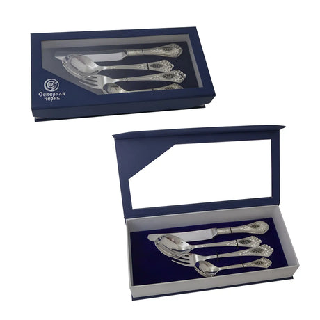 Silberbesteck Set Relief – 4 - teilig, 925 Silber, Niello