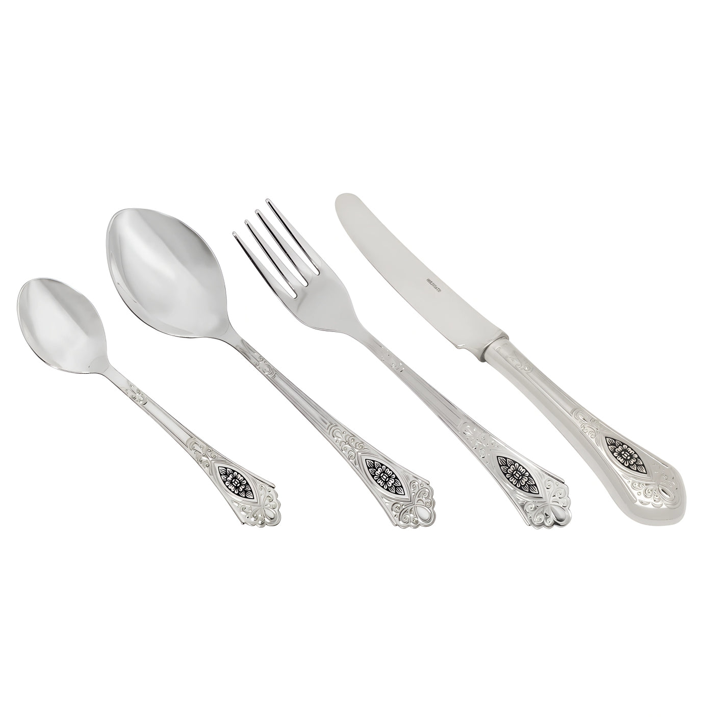 Dessert cutlery set relief – 4 pieces, 925 silver, Niello