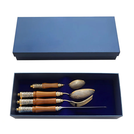 Silberbesteck Set Byzanz 4-teilig aus 925 Sterling Silber mit Edelholz-Griffen, Niello-Verzierung und vergoldeten Details in Geschenkbox.
