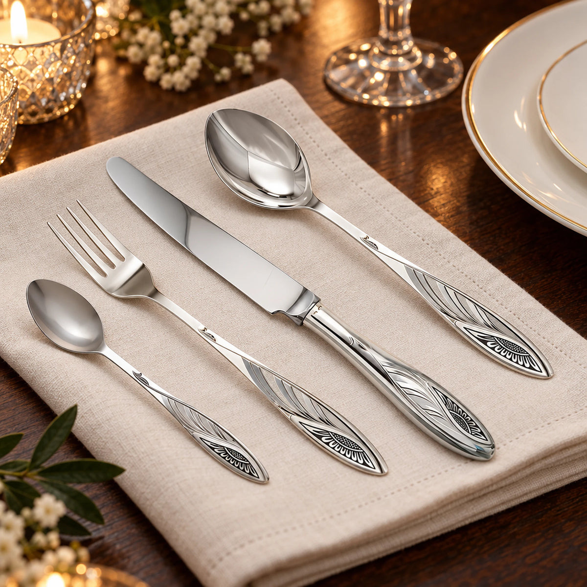 Silberbesteck Set 4-tlg. Sunflower Black | 925 Silber - Niello — Lifestyle-Setting an der gedeckten Tafel