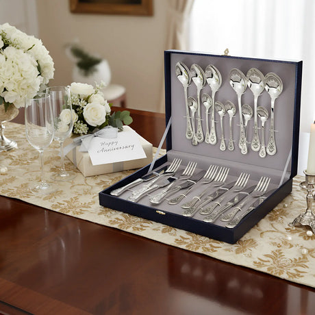Silberbesteck Set 925 Sterling Silber in Geschenkbox - Luxus Besteckset mit Gravur für Jubiläum und besondere Anlässe