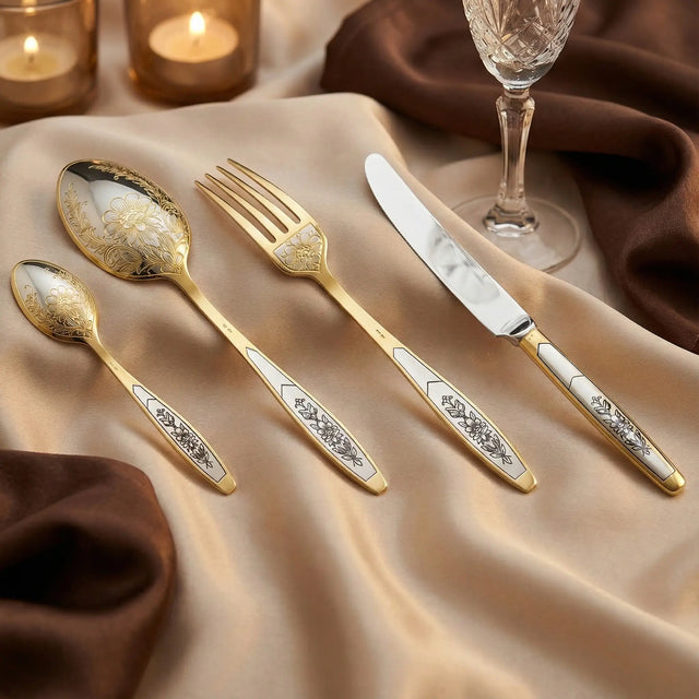 Silberbesteck Set 4 - tlg 925 Silber Niello vergoldet | Astra Classic