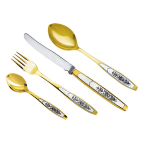 ilberbesteck Astra Gold 4-teilig aus 925 Sterling Silber vergoldet mit Niello-Verzierung – Messer, Gabel, Löffel, Teelöffel.