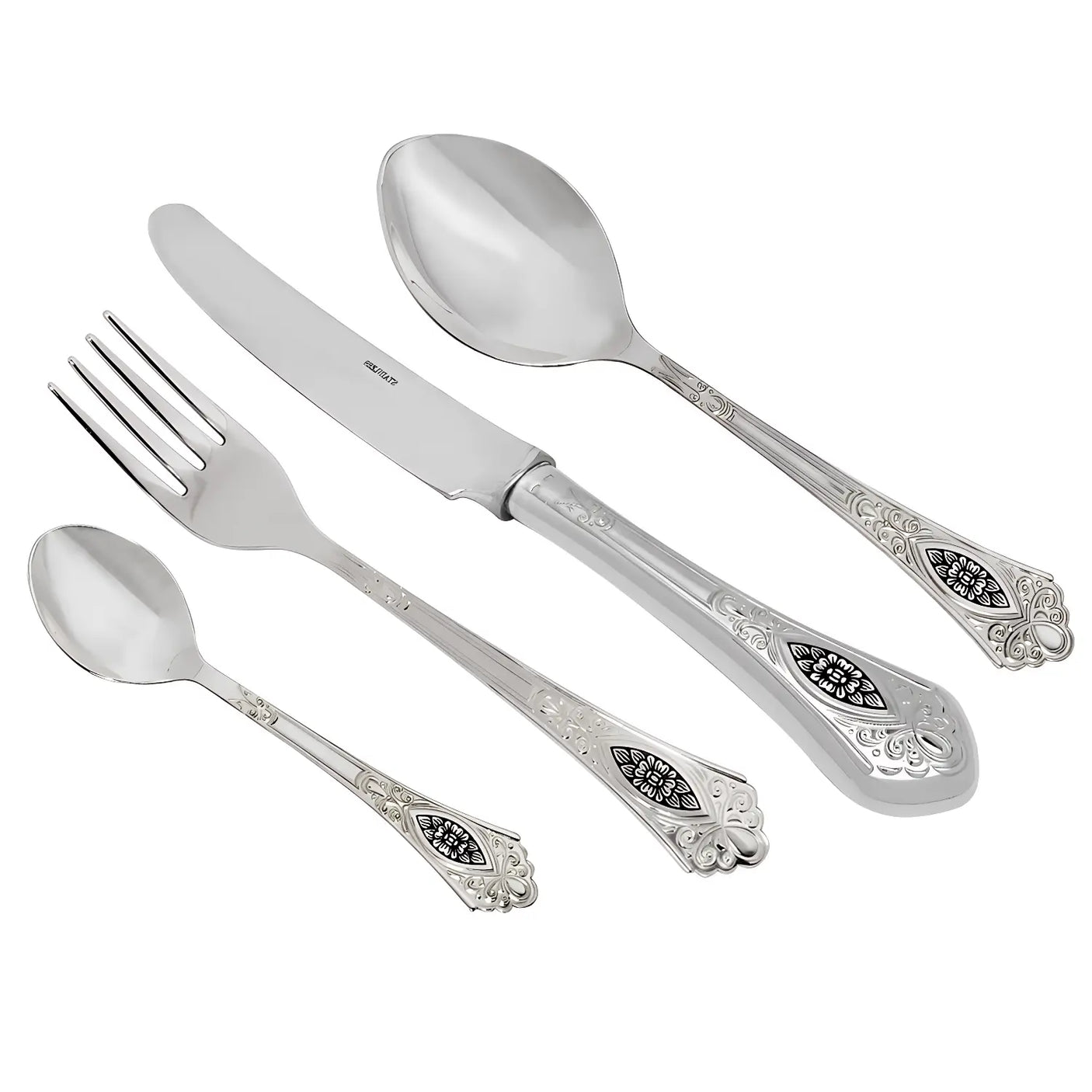 Silberbesteck Set Relief – 4 - teilig, 925 Silber, Niello