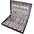 24-teiliges Silberbesteck-Set im Snowdrop Design aus 925 Sterling Silber mit Niello-Verzierung in luxuriöser Geschenkbox.