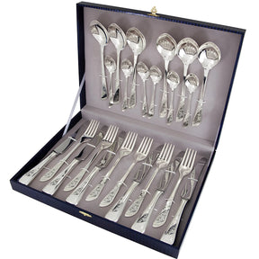24-teiliges Silberbesteck-Set im Snowdrop Design aus 925 Sterling Silber mit Niello-Verzierung in luxuriöser Geschenkbox.