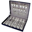 24-teiliges Silberbesteck-Set aus 925er Silber mit Relief-Design und Niello-Muster in einem Geschenkkoffer.