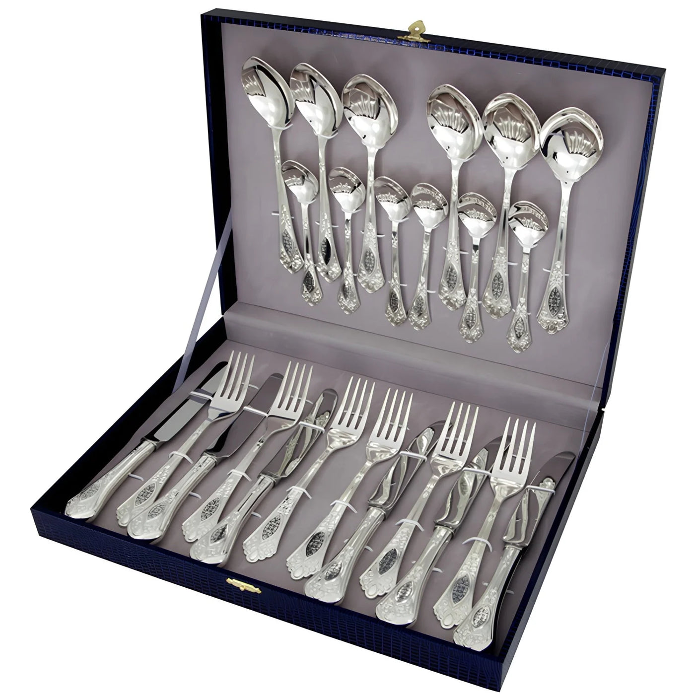 24-teiliges Silberbesteck-Set aus 925er Silber mit Relief-Design und Niello-Muster in einem Geschenkkoffer.