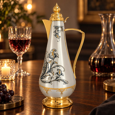 Silberkaraffe 925 Silber vergoldet Paisley 550 ml — Lifestyle-Setting am Weintisch