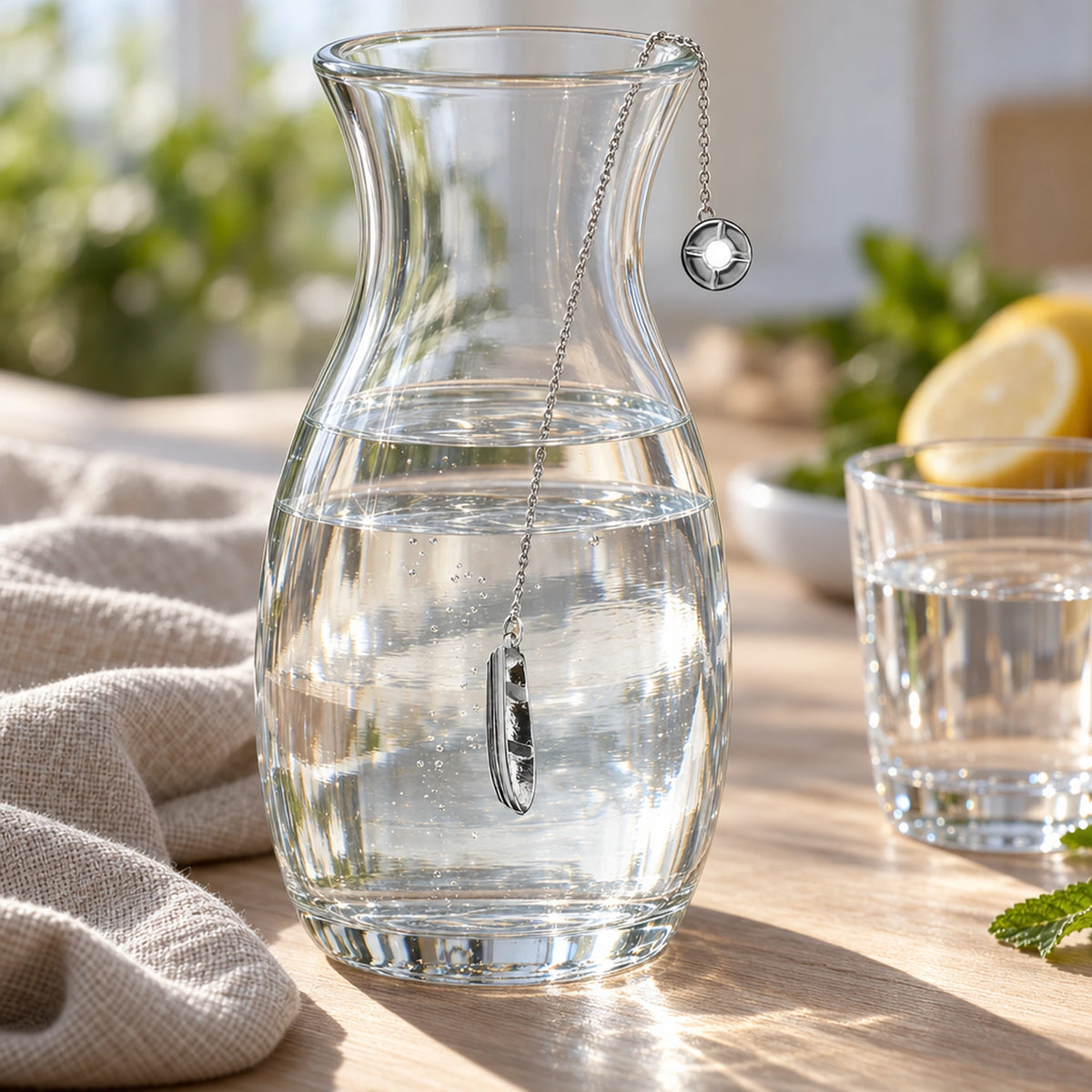 SilberKlar Wasser-Erfrischer an Kette Boot — Lifestyle-Setting an der Wasserkaraffe