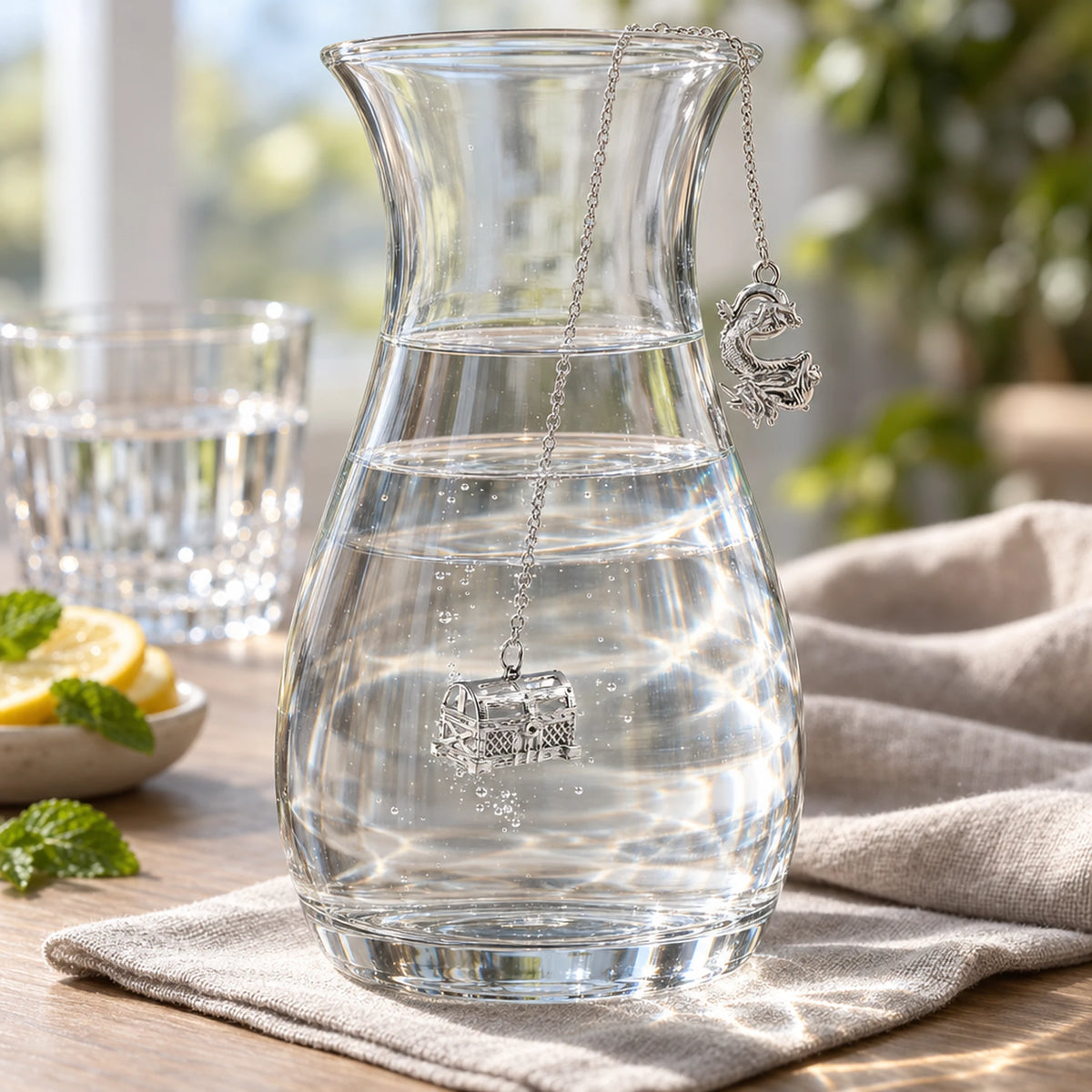 SilberKlar Wasser-Erfrischer an Kette Drache & Schatztruhe — Lifestyle-Setting an der Wasserkaraffe