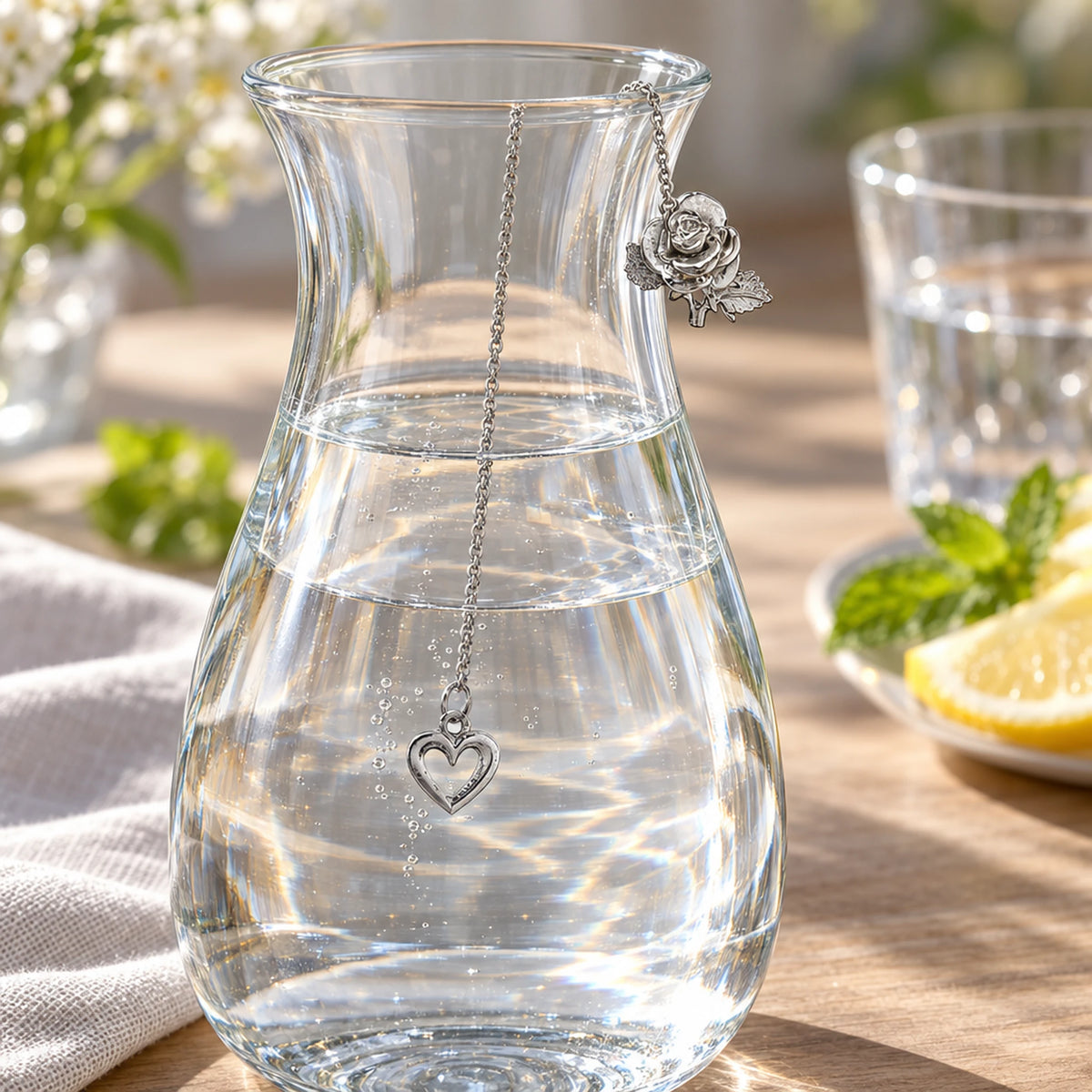 SilberKlar Wasser-Erfrischer an Kette Rose — Lifestyle-Setting an der Wasserkaraffe