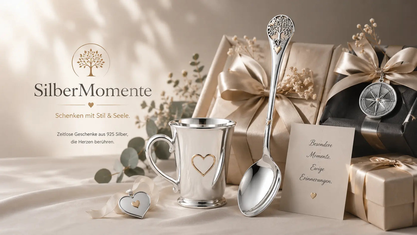 Hero Banner SilberMomente mit eleganten Silbergeschenken aus 925 Silber, stilvollen Geschenkboxen und luxuriöser Geschenkidee für besondere Anlässe wie Geburtstag, Hochzeit oder Taufe.