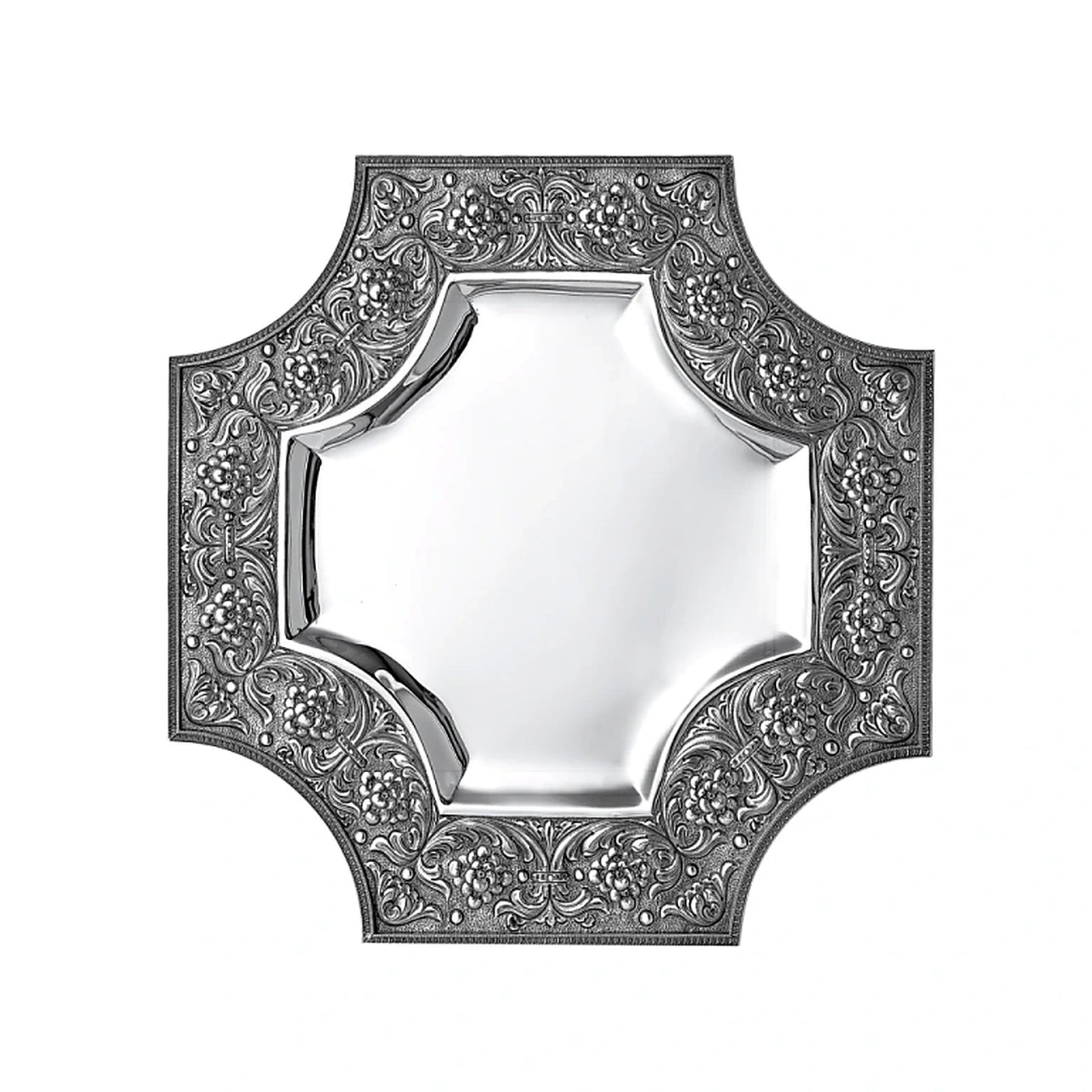 Silberplatte 925 Silber 43x43 cm Kreuzform Signature — Traubenranken auf der Fahne, achteckiger Spiegel, Zaramella