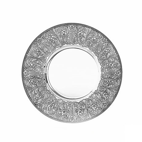 Silberplatte 925 Silber rund 46 cm Signature — breite ziselierte Fahne mit Blüten, glatter Spiegel, Zaramella