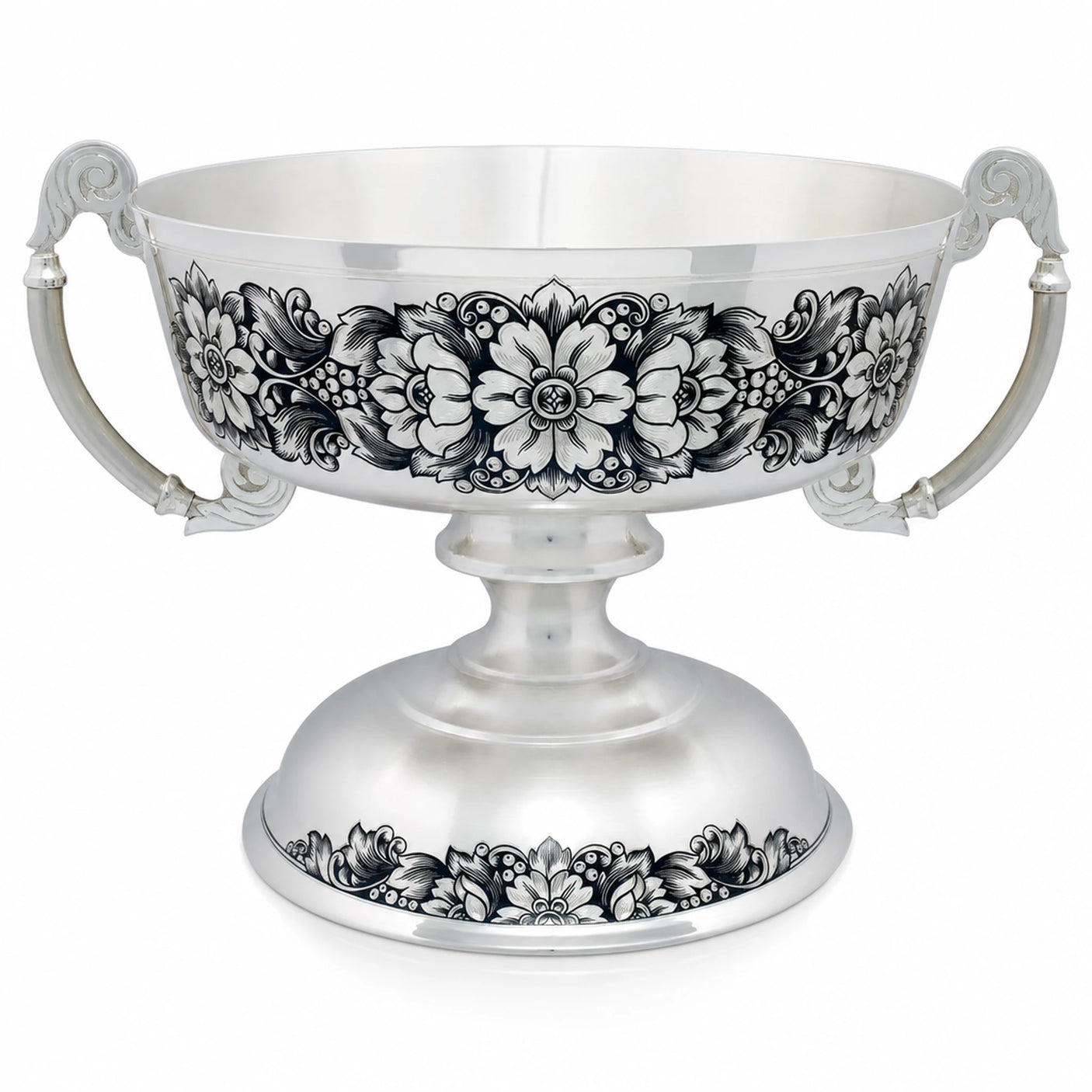 Silberschale 925 Silber Fruit Paradise — Fußschale mit zwei Griffen, dunkle Niello-Blüten, 1200 ml, Tafelgeschenk