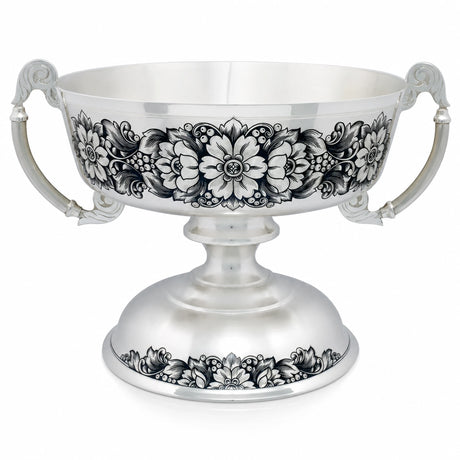 Silberschale 925 Silber Fruit Paradise — Fußschale mit zwei Griffen, dunkle Niello-Blüten, 1200 ml, Tafelgeschenk