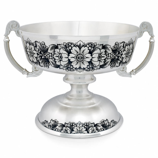 Silberschale 925 Silber Fruit Paradise — Fußschale mit zwei Griffen, dunkle Niello-Blüten, 1200 ml, Tafelgeschenk