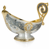 Silberschale Bratina 925 Silber Niello vergoldet — Prunkschale mit dunklem Scrollornament, Goldakzent und Scrollhenkel
