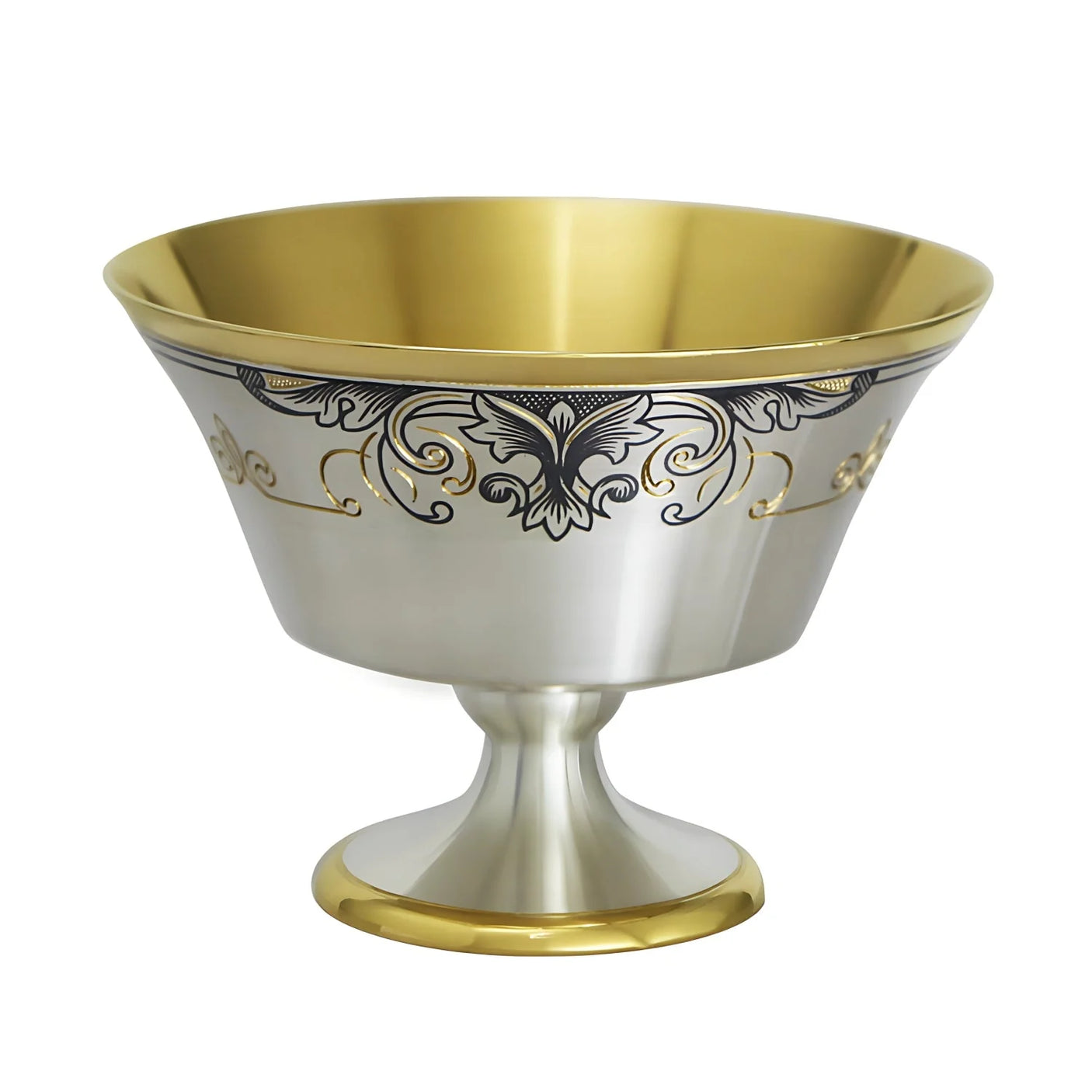 Dessertschale 925 Silber vergoldet mit Niello Laune — Fußschale mit goldenem Inneren und dunklem Ranken-Ornament