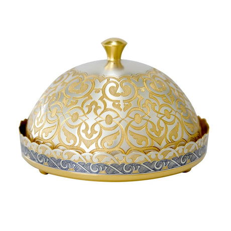 Silberschale mit Deckel 925 Silber vergoldet — Kuppeldose mit goldener Arabesken-Gravur und Knauf
