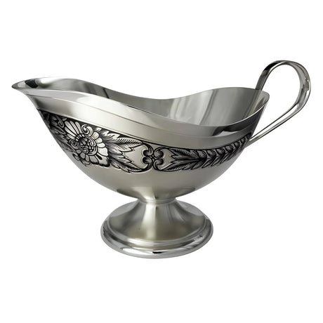 Sauciere 925 Silber Niello mit dunklem Blütenband, Henkel und Standfuß — Sauciere für die festliche Tafel