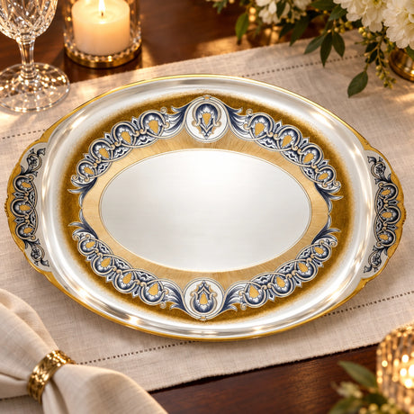 Silbertablett 925 Silber vergoldet oval — Lifestyle-Setting an der gedeckten Tafel