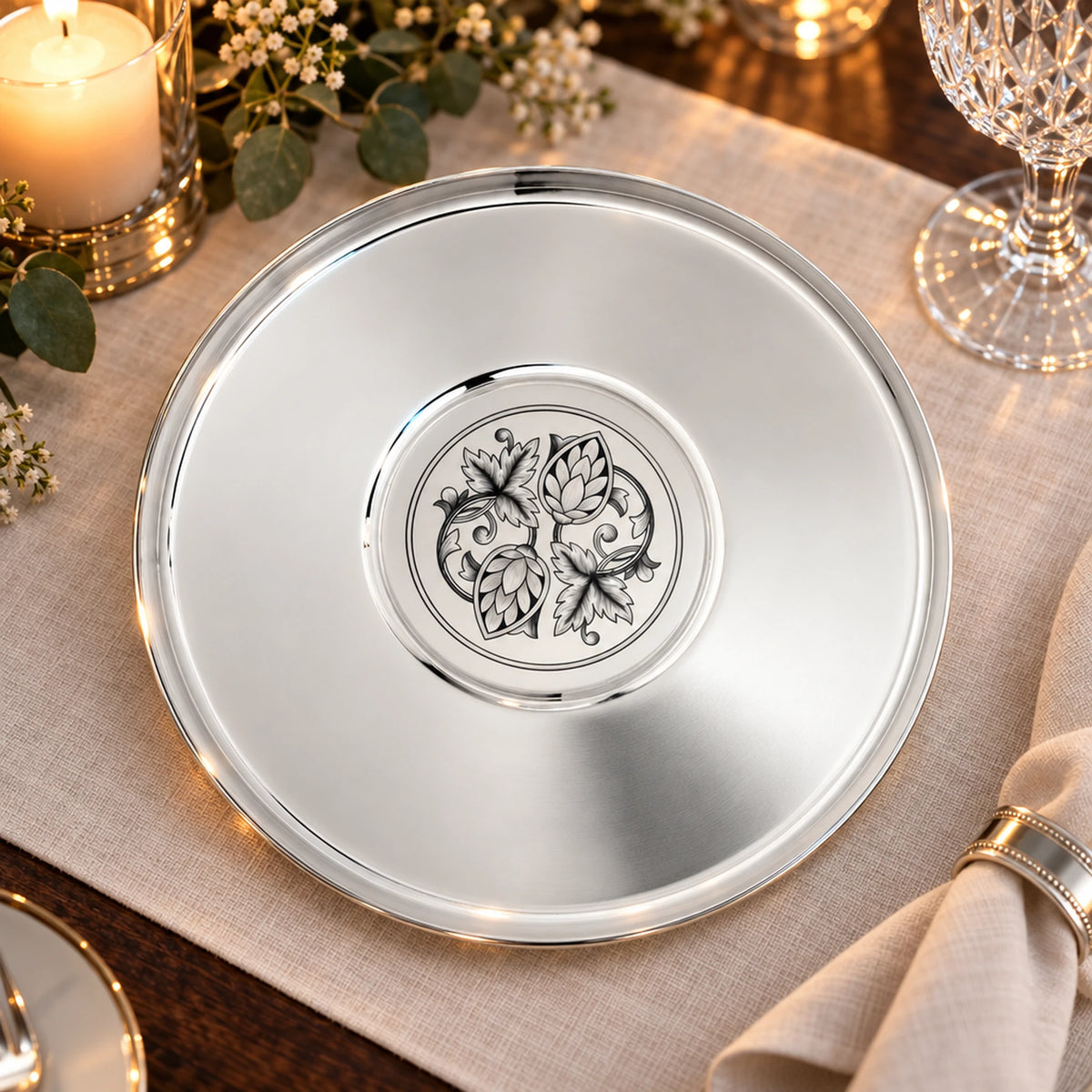 Silbertablett 925 Silber rund 20 cm — Lifestyle-Setting an der gedeckten Tafel