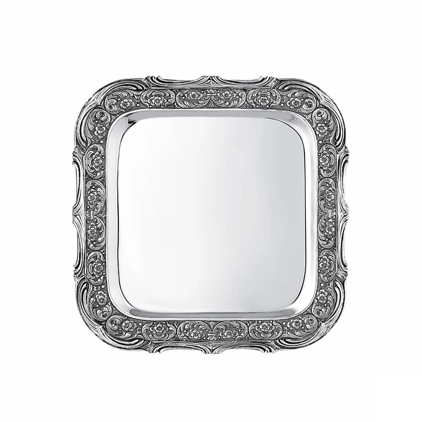 Silbertablett 925 Silber quadratisch 42x42 cm Signature — ziselierter Rand mit Gussteilen, glatter Spiegel, Zaramella