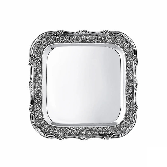 Silbertablett 925 Silber quadratisch 42x42 cm Signature — ziselierter Rand mit Gussteilen, glatter Spiegel, Zaramella