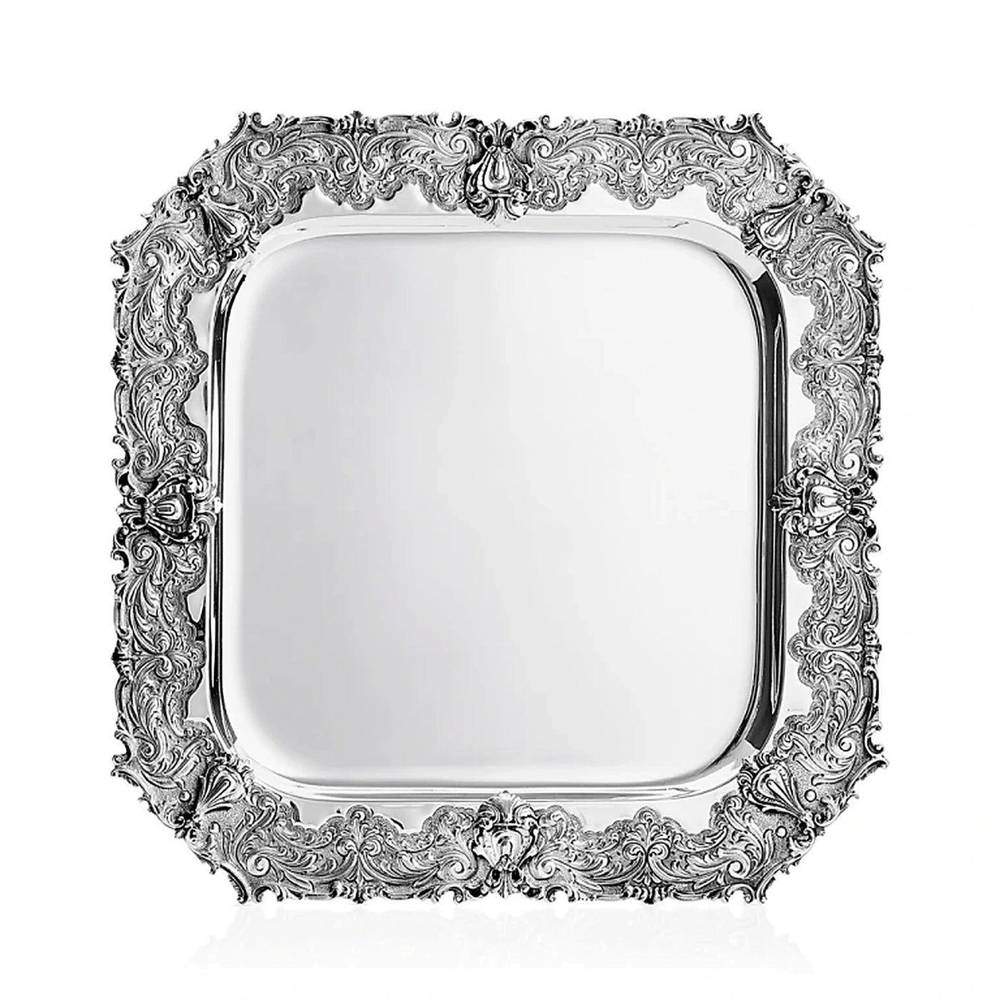 Silbertablett 925 Silber quadratisch 48x48 cm Signature — vier Muschelmotive, Akanthusvoluten an den Ecken, Zaramella