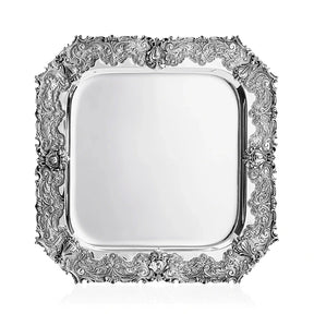 Silbertablett 925 Silber quadratisch 48x48 cm Signature — vier Muschelmotive, Akanthusvoluten an den Ecken, Zaramella