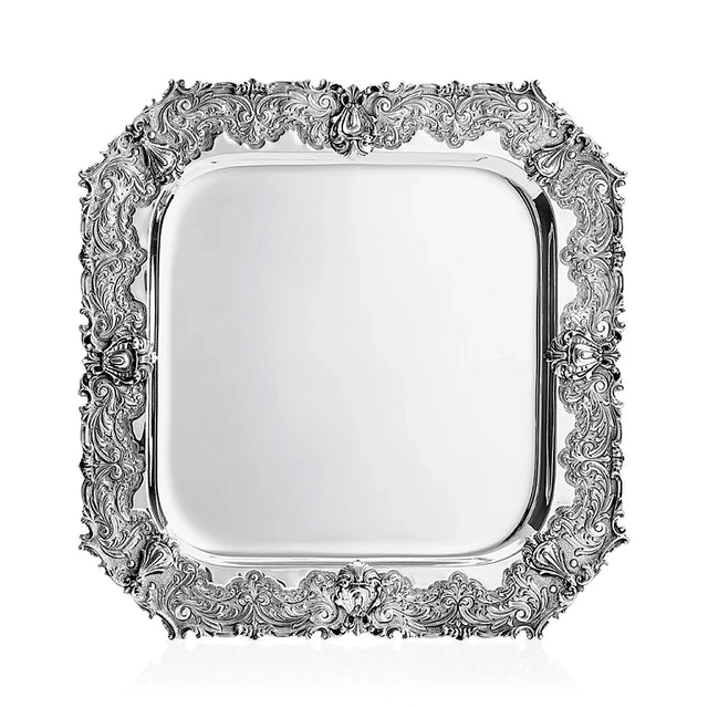 Silbertablett 925 Silber quadratisch 48x48 cm Signature — vier Muschelmotive, Akanthusvoluten an den Ecken, Zaramella