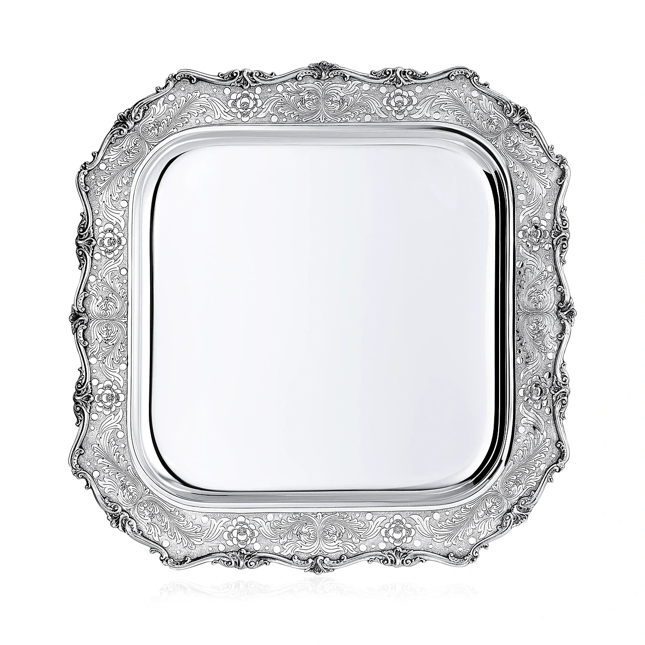 Silbertablett 925 Silber quadratisch 48x48 cm Signature — ziselierte Ranken auf mattiertem Grund, Zaramella