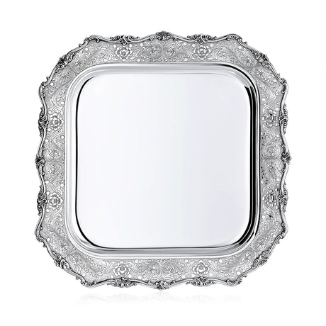 Silbertablett 925 Silber quadratisch 48x48 cm Signature — ziselierte Ranken auf mattiertem Grund, Zaramella