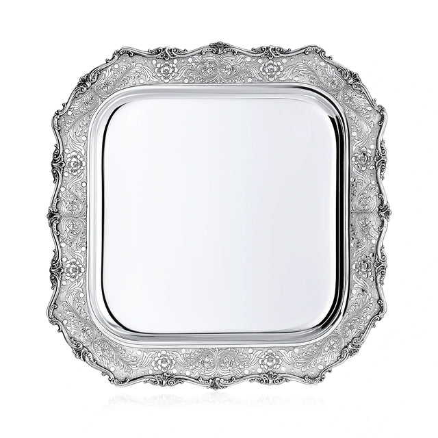 Silbertablett 925 Silber quadratisch 48x48 cm Signature — ziselierte Ranken auf mattiertem Grund, Zaramella