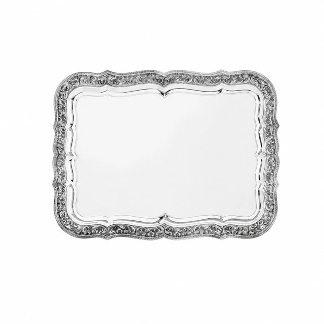 Silbertablett 925 Silber rechteckig Signature — ziselierter Akanthusrand, glatter Spiegel, Zaramella Italien