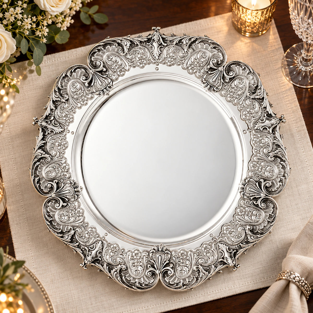Silbertablett 925 Silber Signature rund Ø 46 cm, Kartuschen-Ornament — Lifestyle-Setting an der gedeckten Tafel