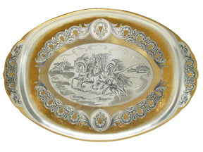Silbertablett 925 Silber vergoldet oval Troika — Pferdeschlitten-Szene in Niello, Goldornament-Rand, ovale Form, Tafelgeschenk