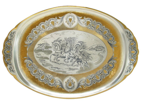 Silbertablett 925 Silber vergoldet oval Troika — Pferdeschlitten-Szene in Niello, Goldornament-Rand, ovale Form, Tafelgeschenk