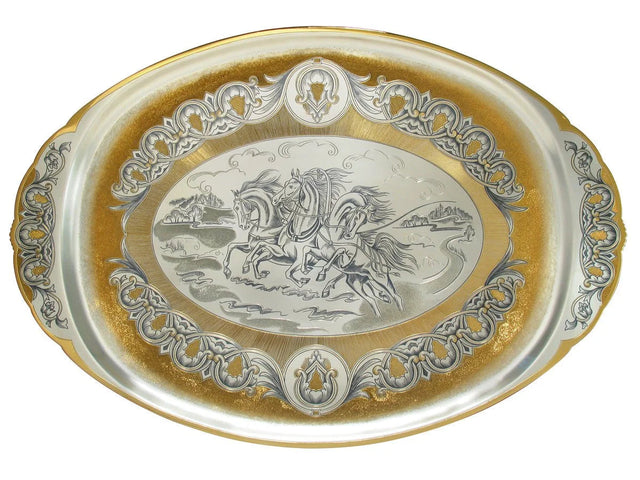 Silbertablett 925 Silber vergoldet oval Troika — Pferdeschlitten-Szene in Niello, Goldornament-Rand, ovale Form, Tafelgeschenk