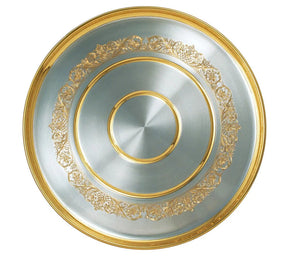 Silbertablett 925 Silber rund mit Goldvergoldungs-Ornamenten am Rand und Blumen-Ranken — Premium-Tafelsilber