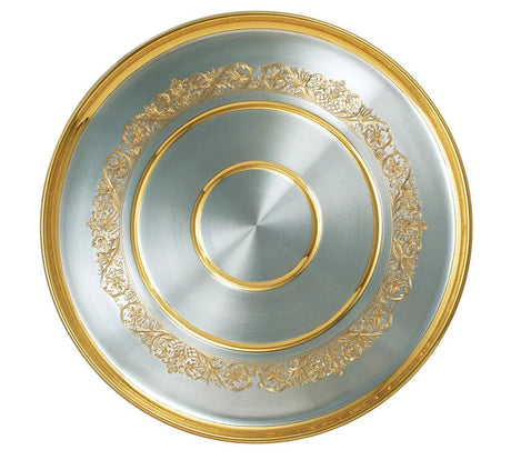 Silbertablett 925 Silber rund mit Goldvergoldungs-Ornamenten am Rand und Blumen-Ranken — Premium-Tafelsilber