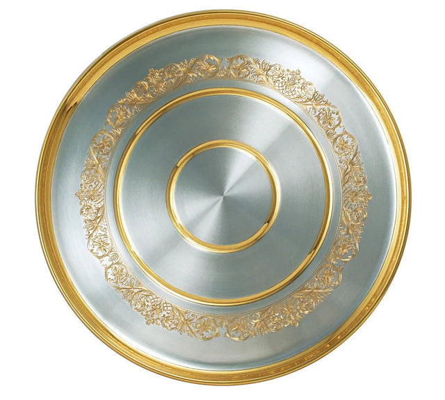 Silbertablett 925 Silber rund mit Goldvergoldungs-Ornamenten am Rand und Blumen-Ranken — Premium-Tafelsilber