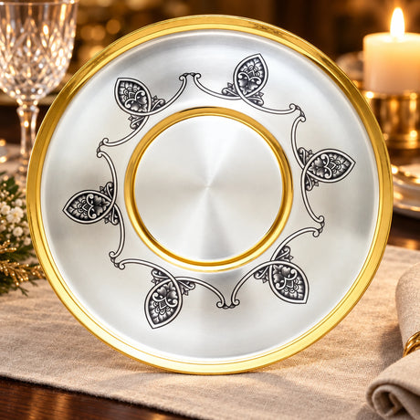Silbertablett 925 Silber vergoldet Niello Ø 20 cm — Lifestyle-Setting an der gedeckten Tafel