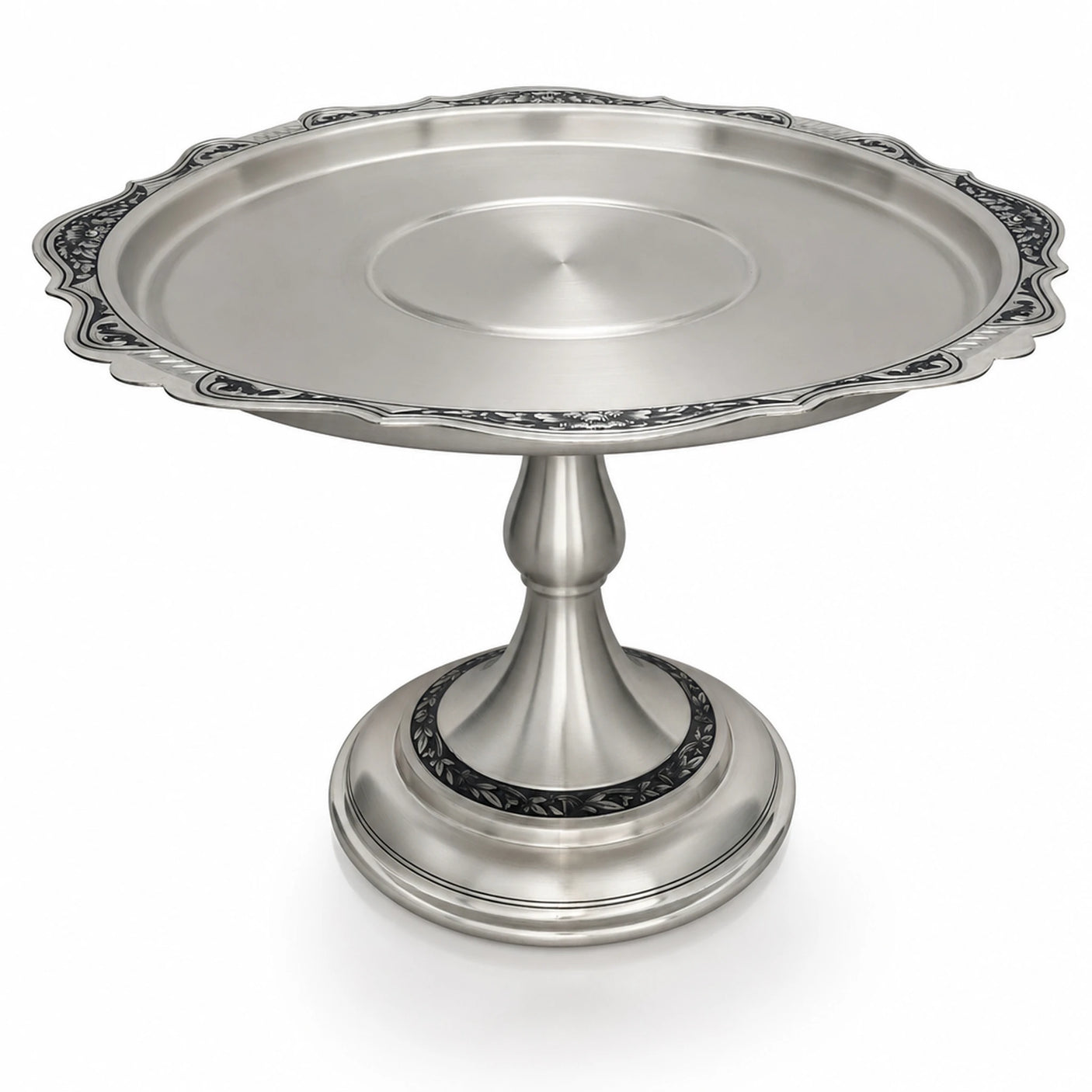 Edle Tortenplatte, Serviertablett aus 925er Silber mit Niello-Verzierung, runde Form, Hochzeitsgeschenke.