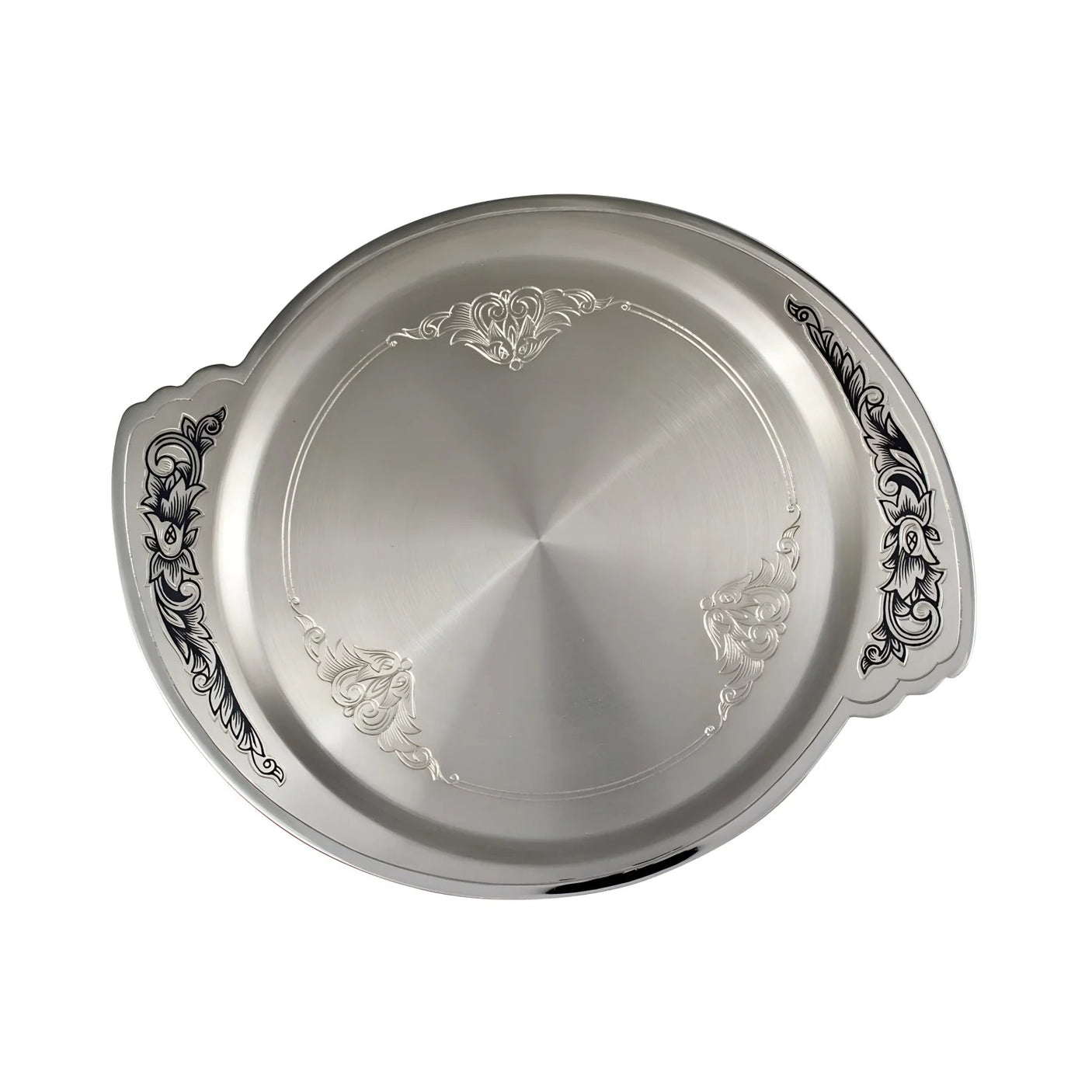 Dessertteller 925 Silber L158xB127 — blattförmige Servierplatte mit floraler Niello-Bordüre an den Ecken