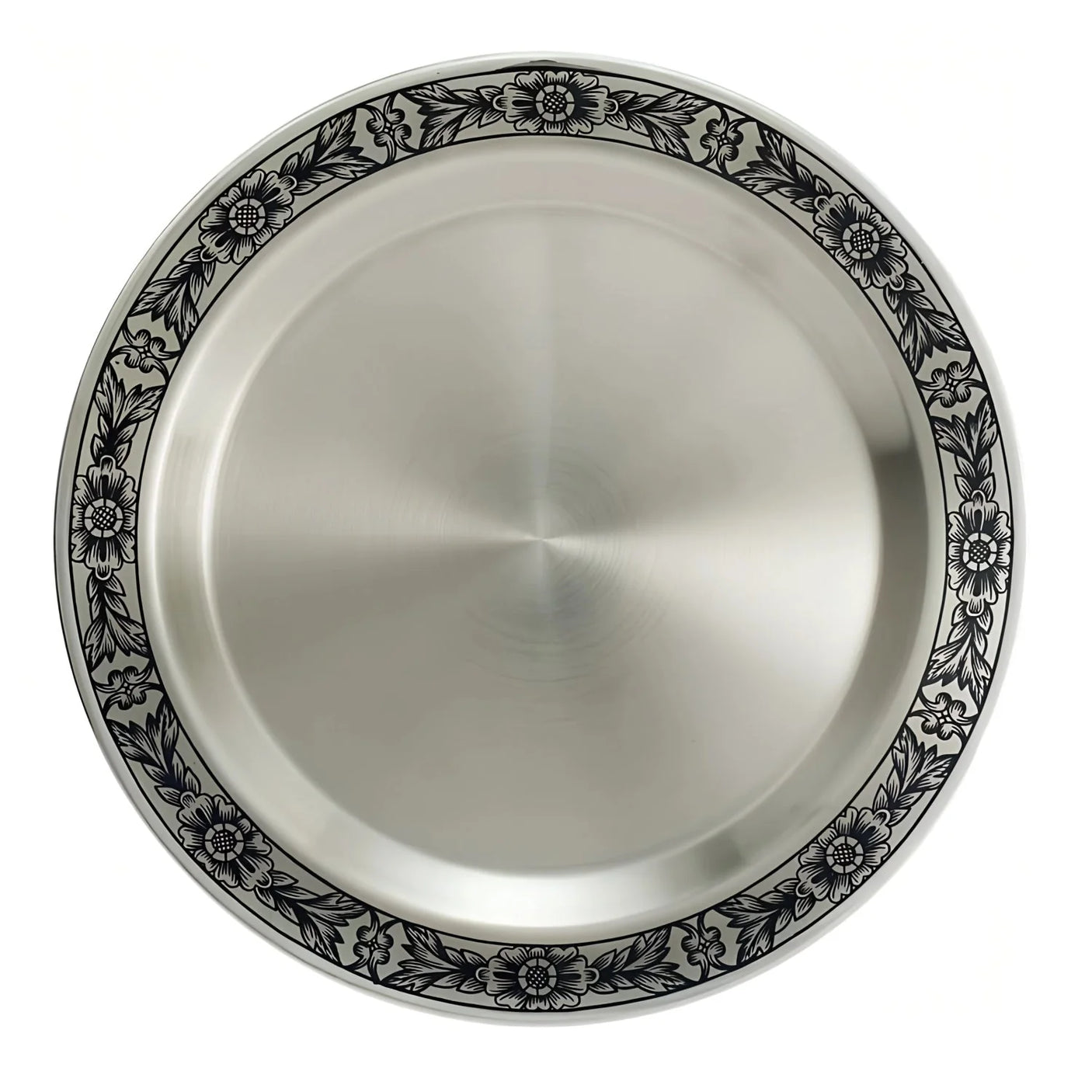 Obstteller 925 Silber Niello mit dunklem Blütenrand und gebürstetem Spiegel — runde Servierplatte, festliche Tafel