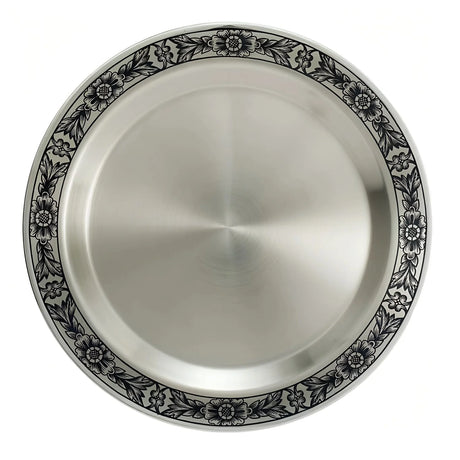 Obstteller 925 Silber Niello mit dunklem Blütenrand und gebürstetem Spiegel — runde Servierplatte, festliche Tafel